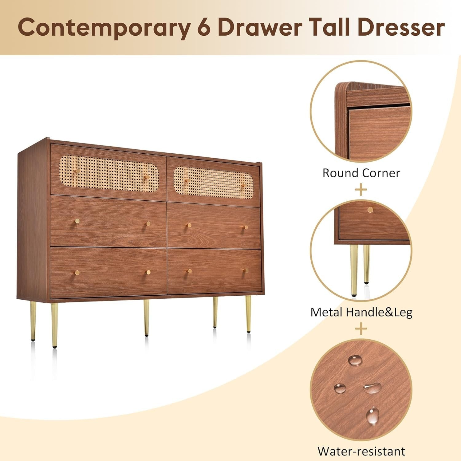 Walnut 6 Drawer Rattan Sideboard Cabinet with Gold Legs for Hallway Storage