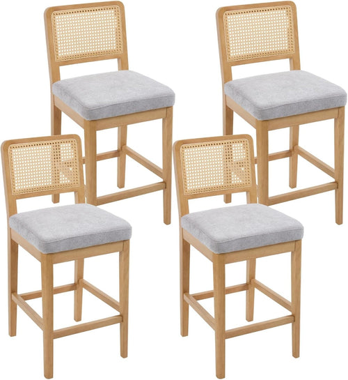 Gray Chenille Bar Stool Set of 4 with Rattan Back Wooden Legs