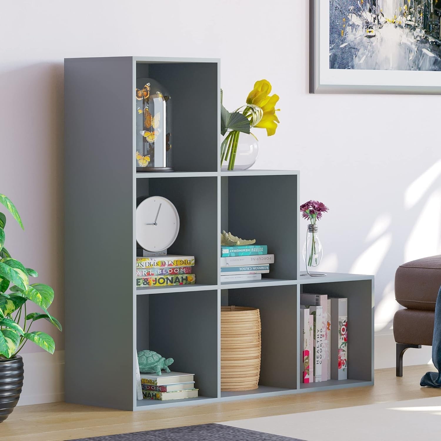 6 Cube Grey Staircase Storage Shelf Modern Durable Organizer