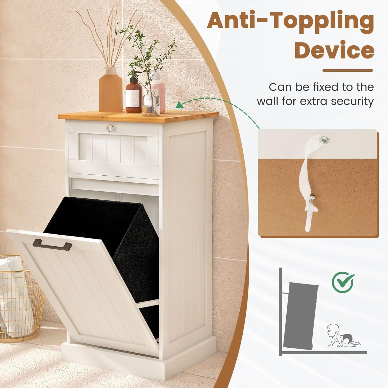 Tilt-Out Laundry Cabinet 30L With Drawer Modern Bathroom Storage White