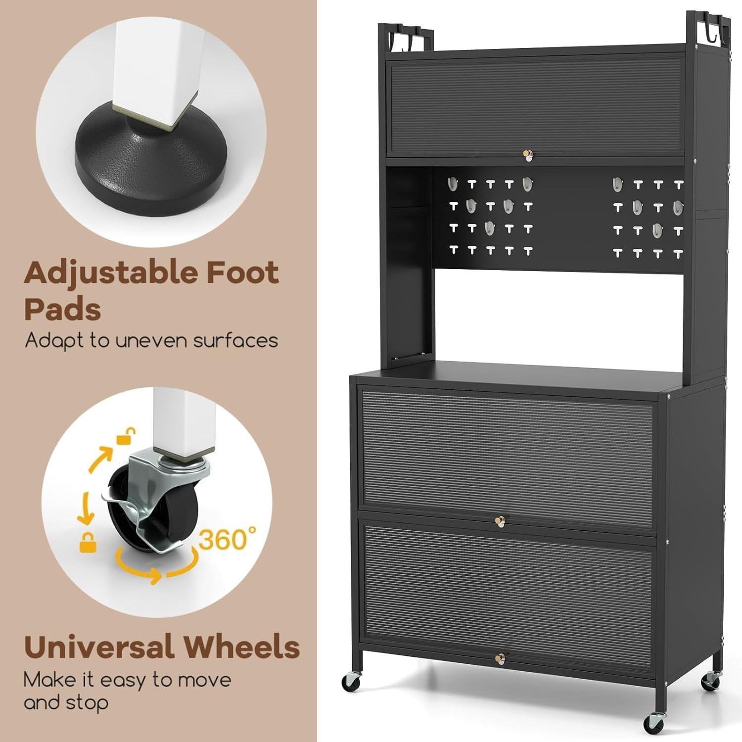 80x40x163cm Black Rolling Kitchen Cabinet 5-Tier Pantry Storage with Wheels