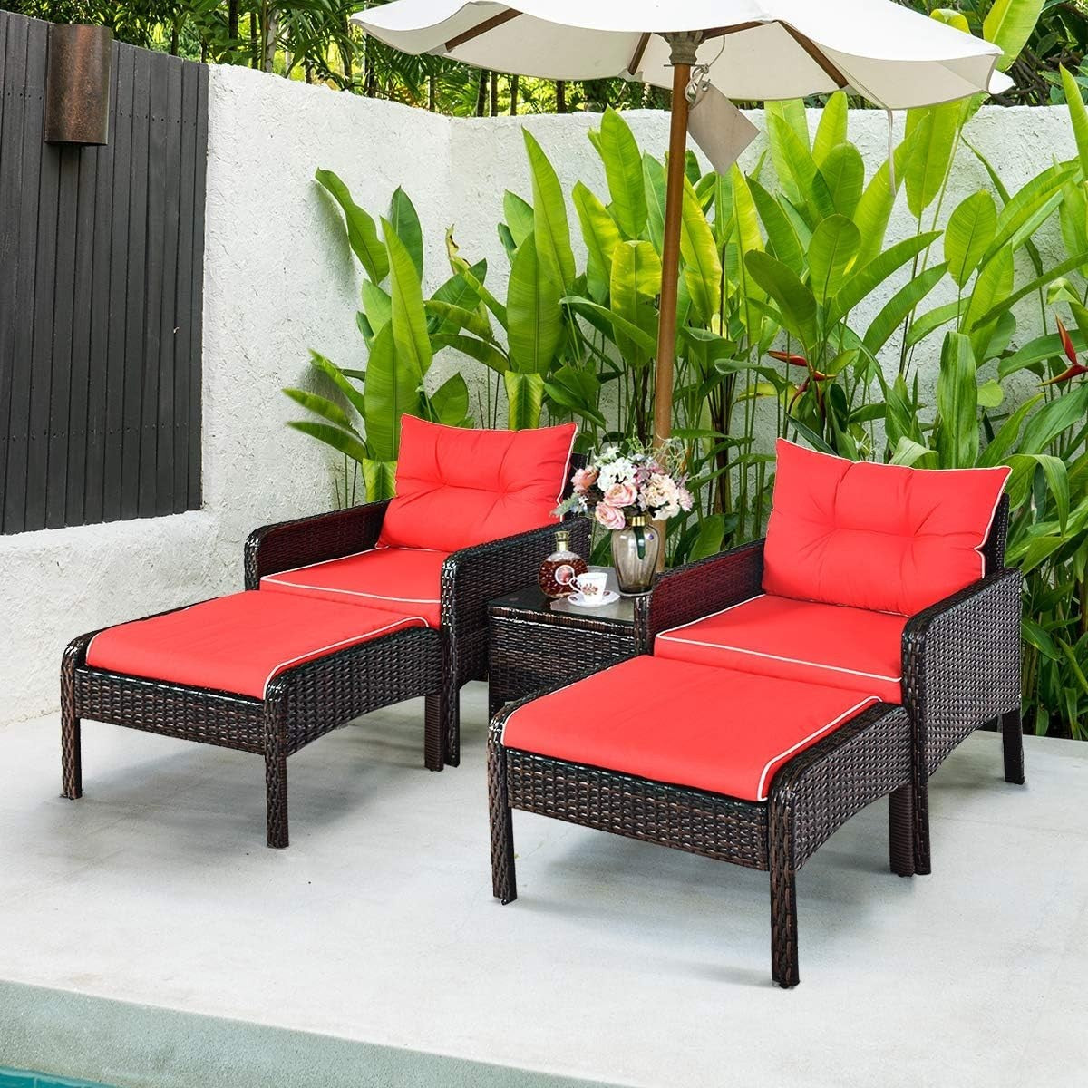 5PC Brown Red Outdoor Rattan Garden Sofa Set w/ Cushions & Glass Table