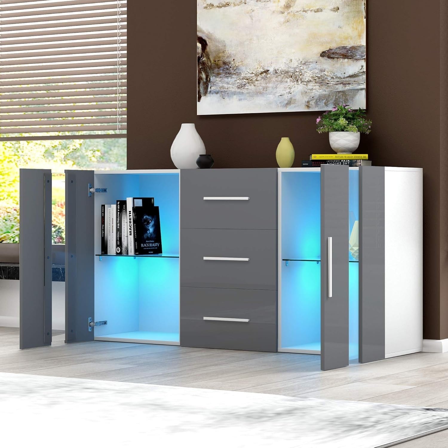 Grey LED Sideboard Cabinet Storage Unit RGB Glass 3 Drawer 2 Door Modern
