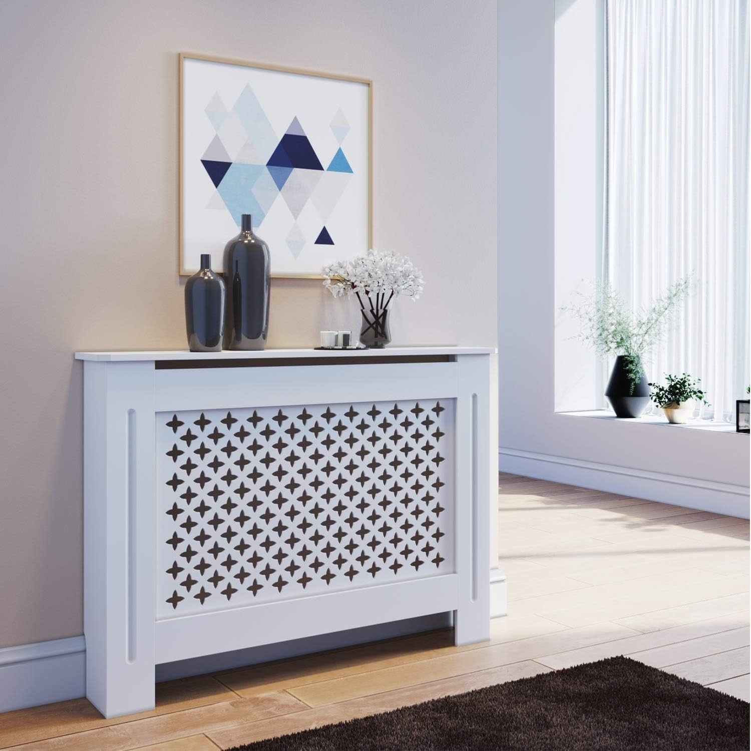 White Radiator Cover Cabinet Extra Large MDF Cross Slat Modern Unit, Medium