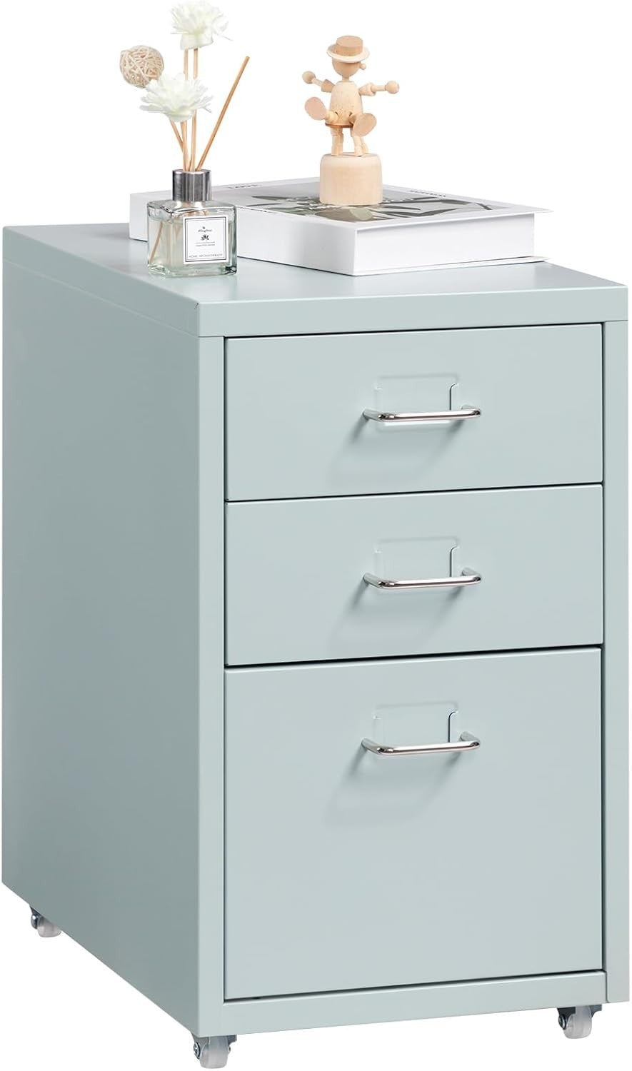 Grey Green Metal Rolling Drawer Unit 3 Tier Under Desk File Storage