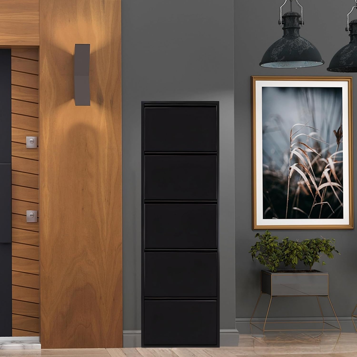 Slim 5-Tier Wall Mounted Shoe Cabinet – Tall Narrow Metal Storage Unit