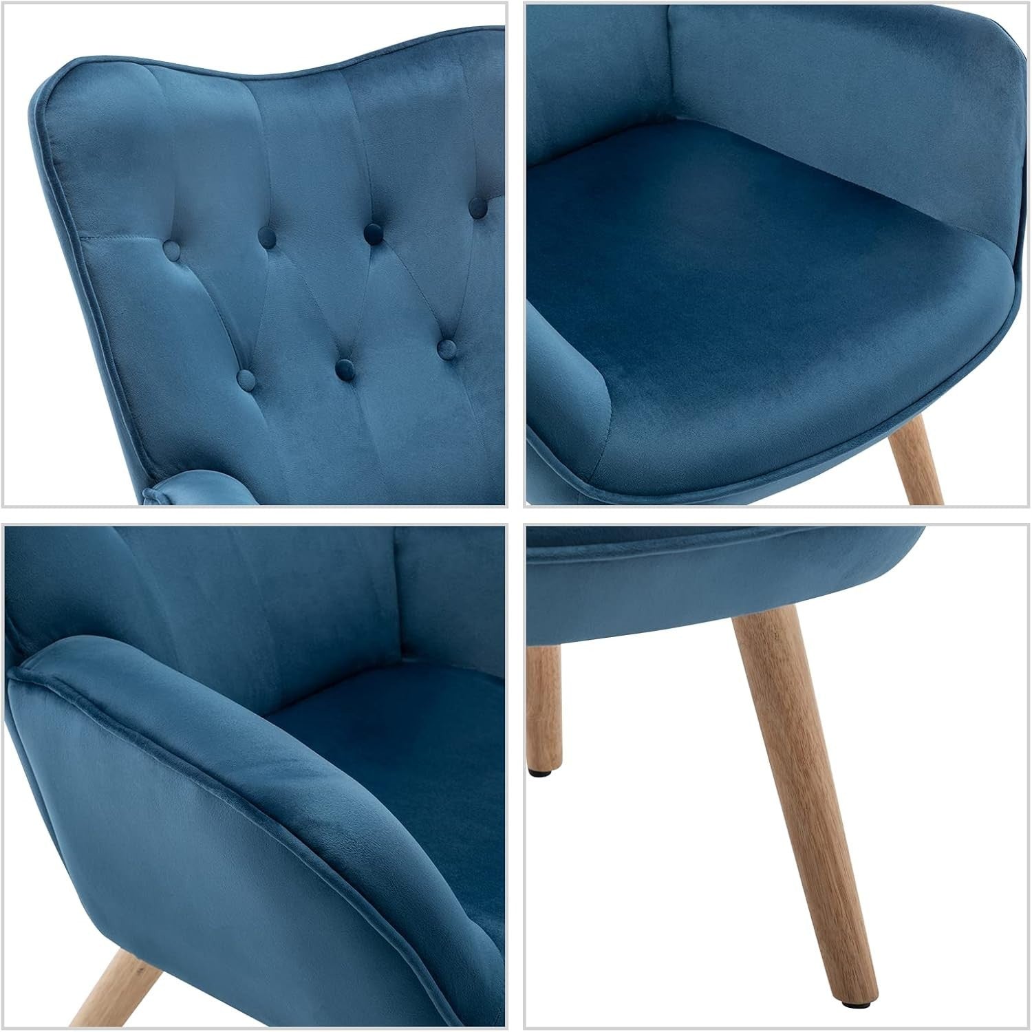 Blue Velvet Armchair with Footstool, Comfy Reading Lounge Chair Set
