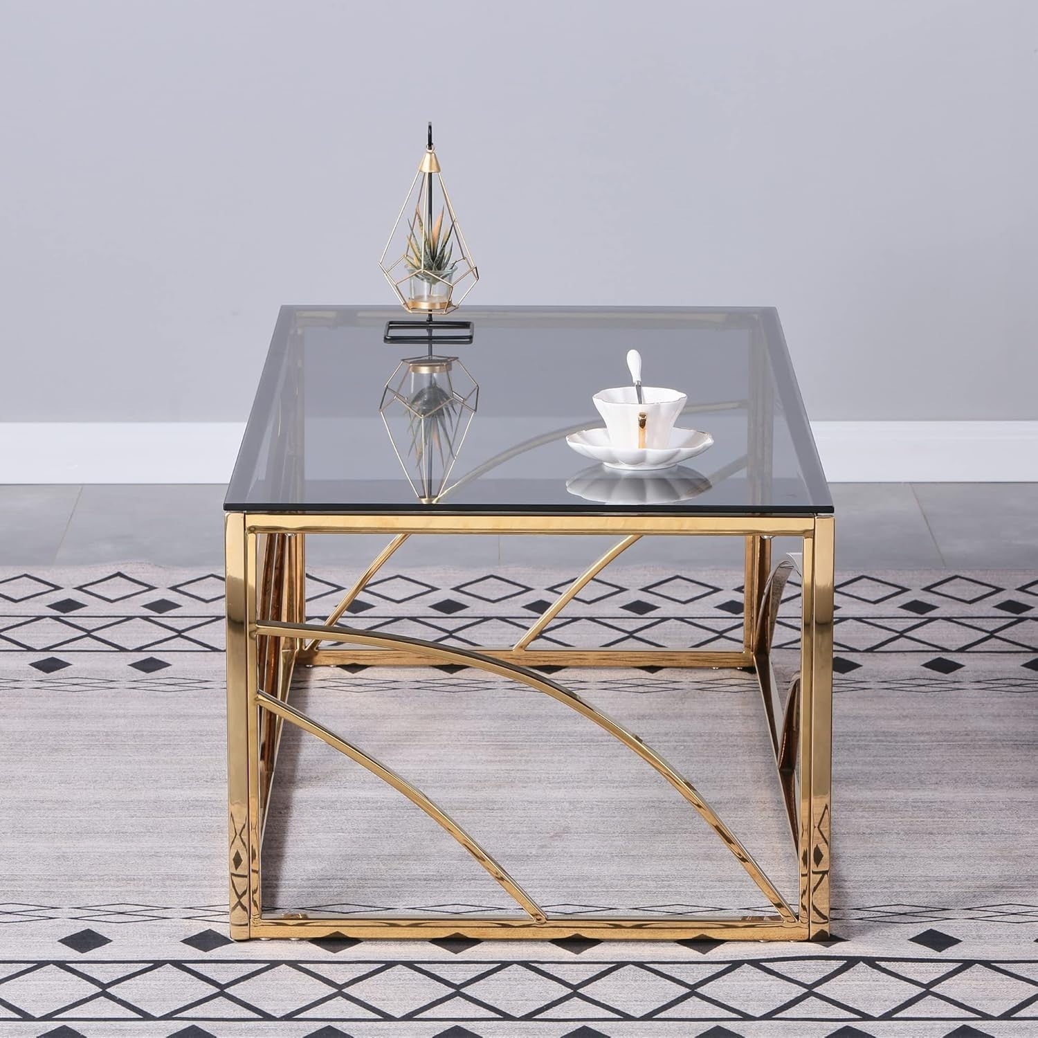 Gold Glass Coffee Table 120cm | Modern Stainless Steel Frame | Dark Grey Top