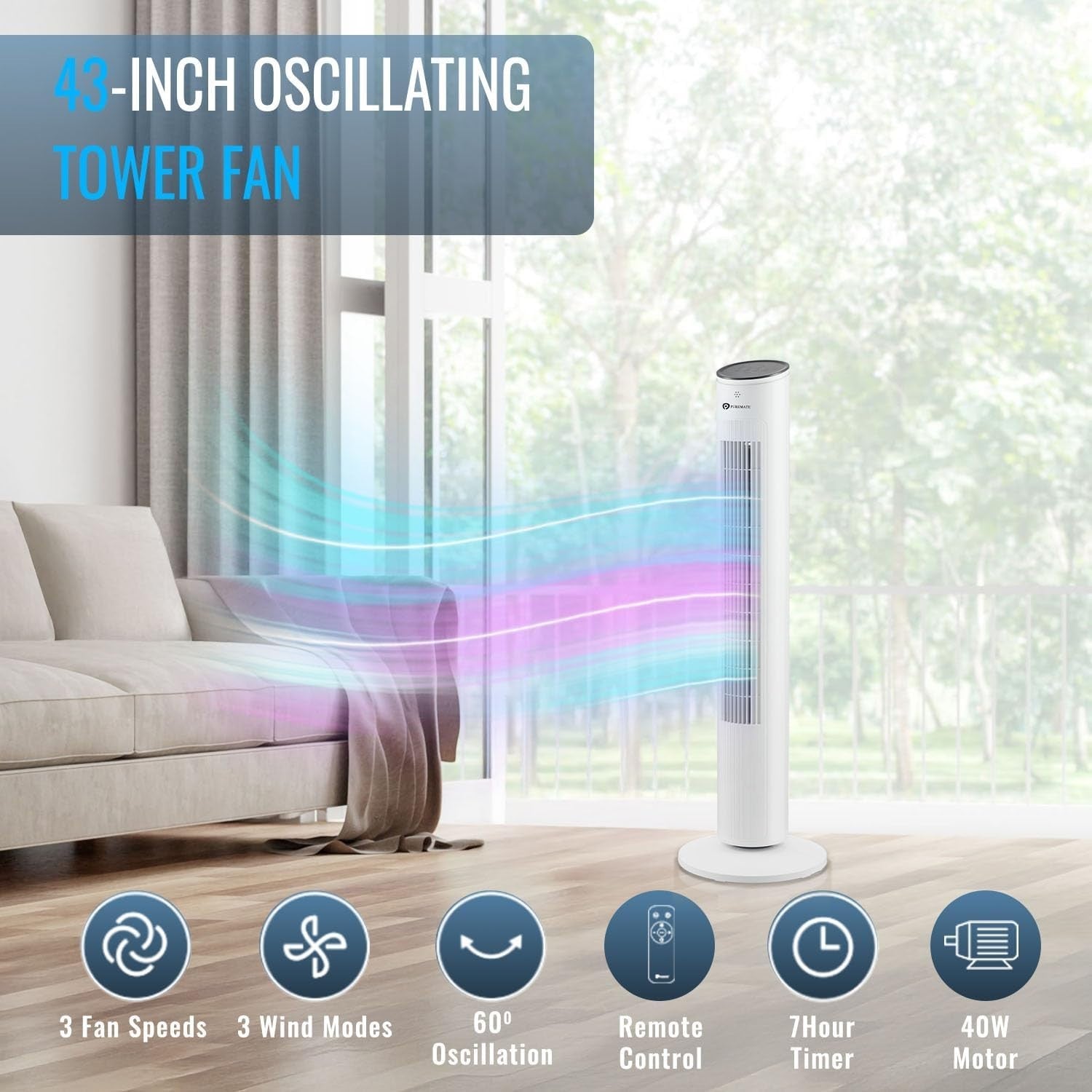 Cool Bladeless Tower Fan 43in – 3 Speed Remote Control Quiet Standing Fan White