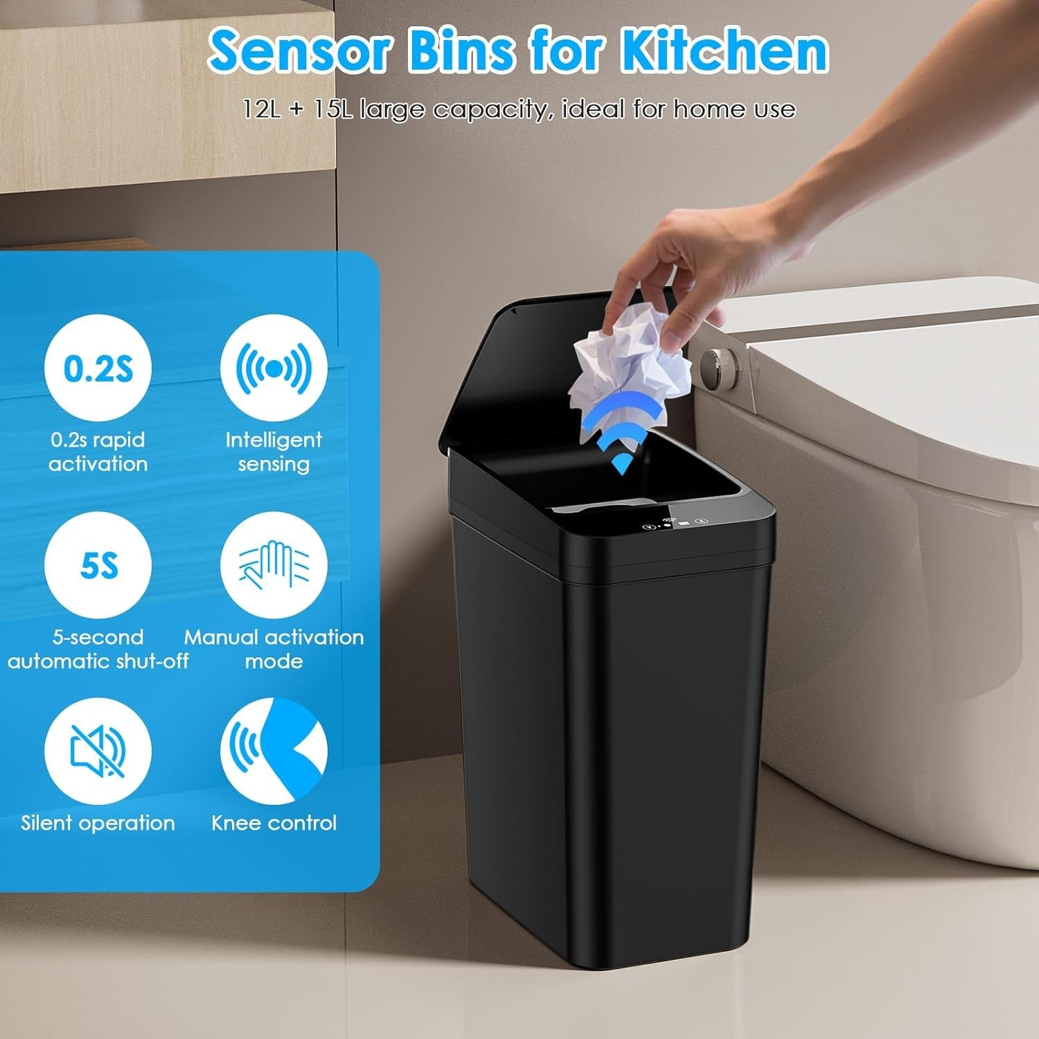 Touchless Kitchen Sensor Bin 2‑Pack | Automatic Quiet Smart 12L & 15L