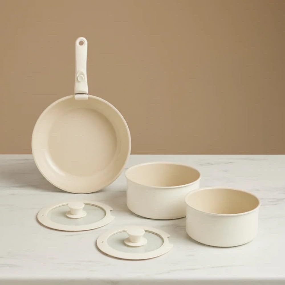 6Pcs Cream Ceramic Non Stick Cookware Set with Detachable Handle with Lids