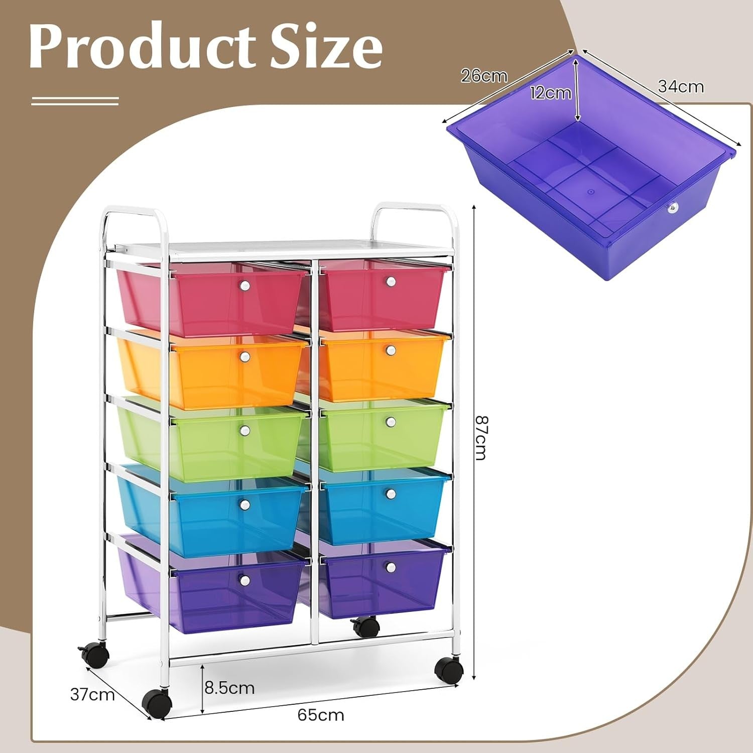 10 Drawer Rainbow Storage Trolley Rolling Organizer Cart with Wheels