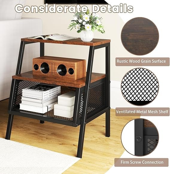 Industrial Bedside Table with Storage Shelves, Mesh Compartment & Wooden Top