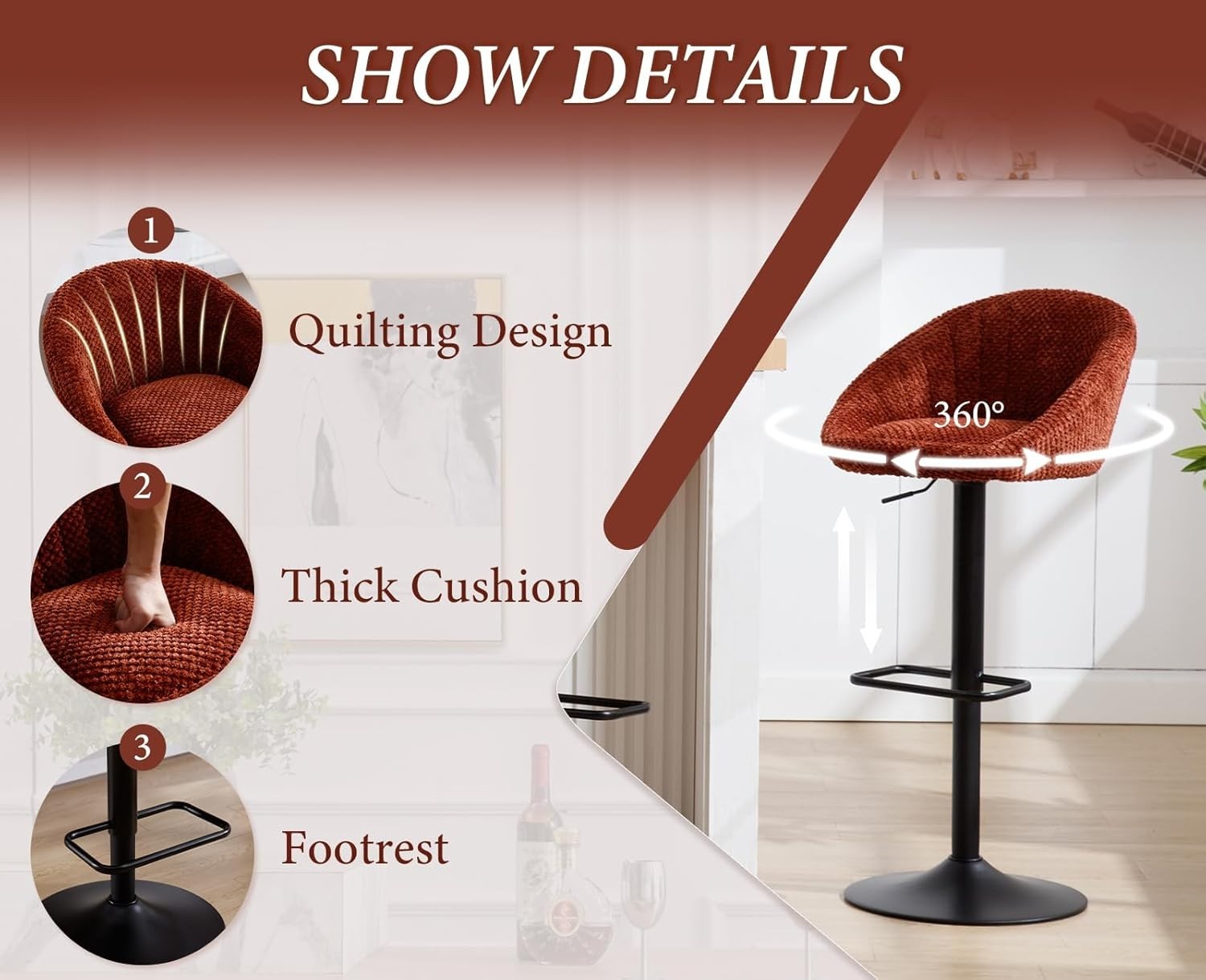 Set of 4 Brown Chenille Bar Stools Adjustable Swivel Counter Chairs