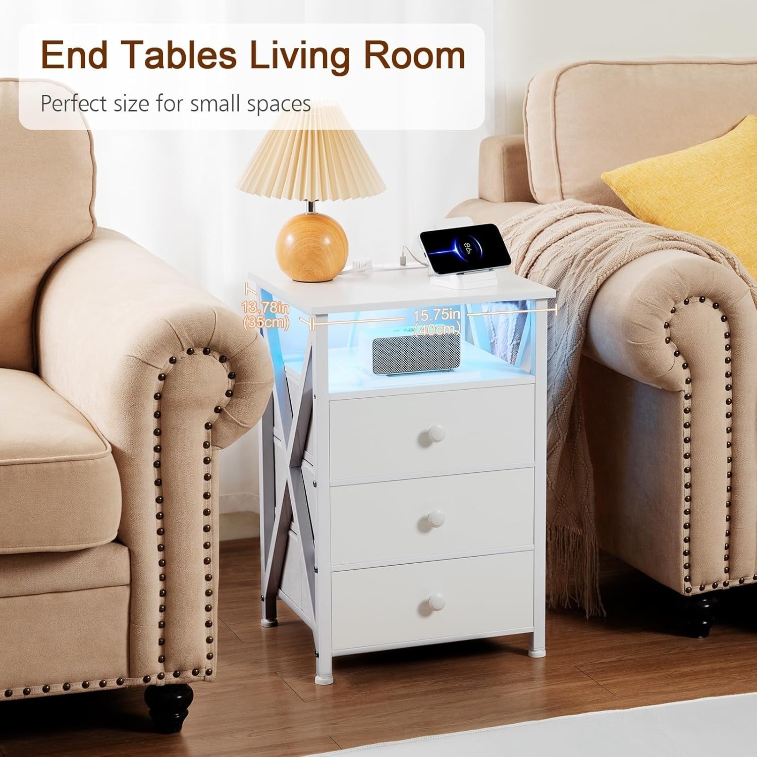 White LED Bedside Table with Charging Station | 3 Drawer Nightstand