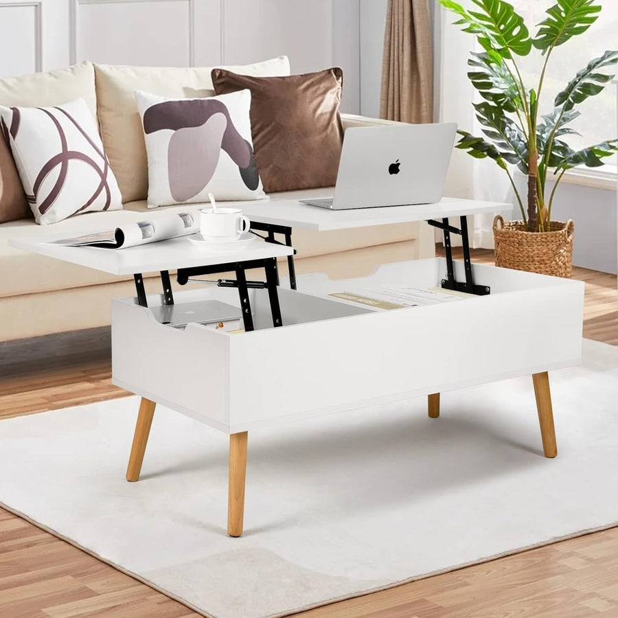 White Lift Top Coffee Table with Hidden Storage & Dual Work Surfaces