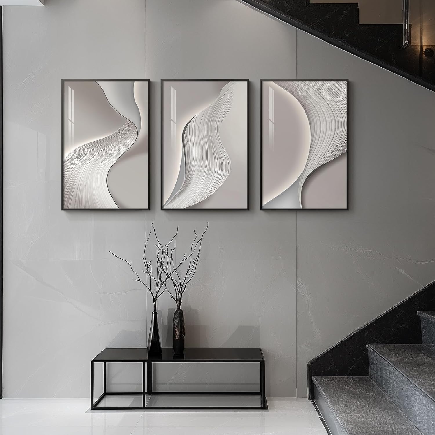 Framed Abstract Wall Art Set of 3 Grey Silver Modern Prints