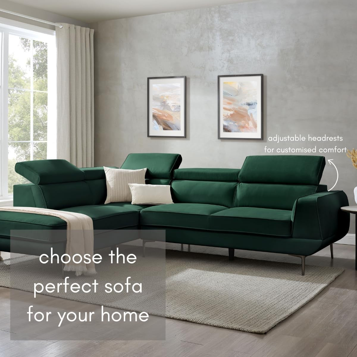 5 Seater L-Shaped Velvet Sofa with Adjustable Headrests & Metal Legs