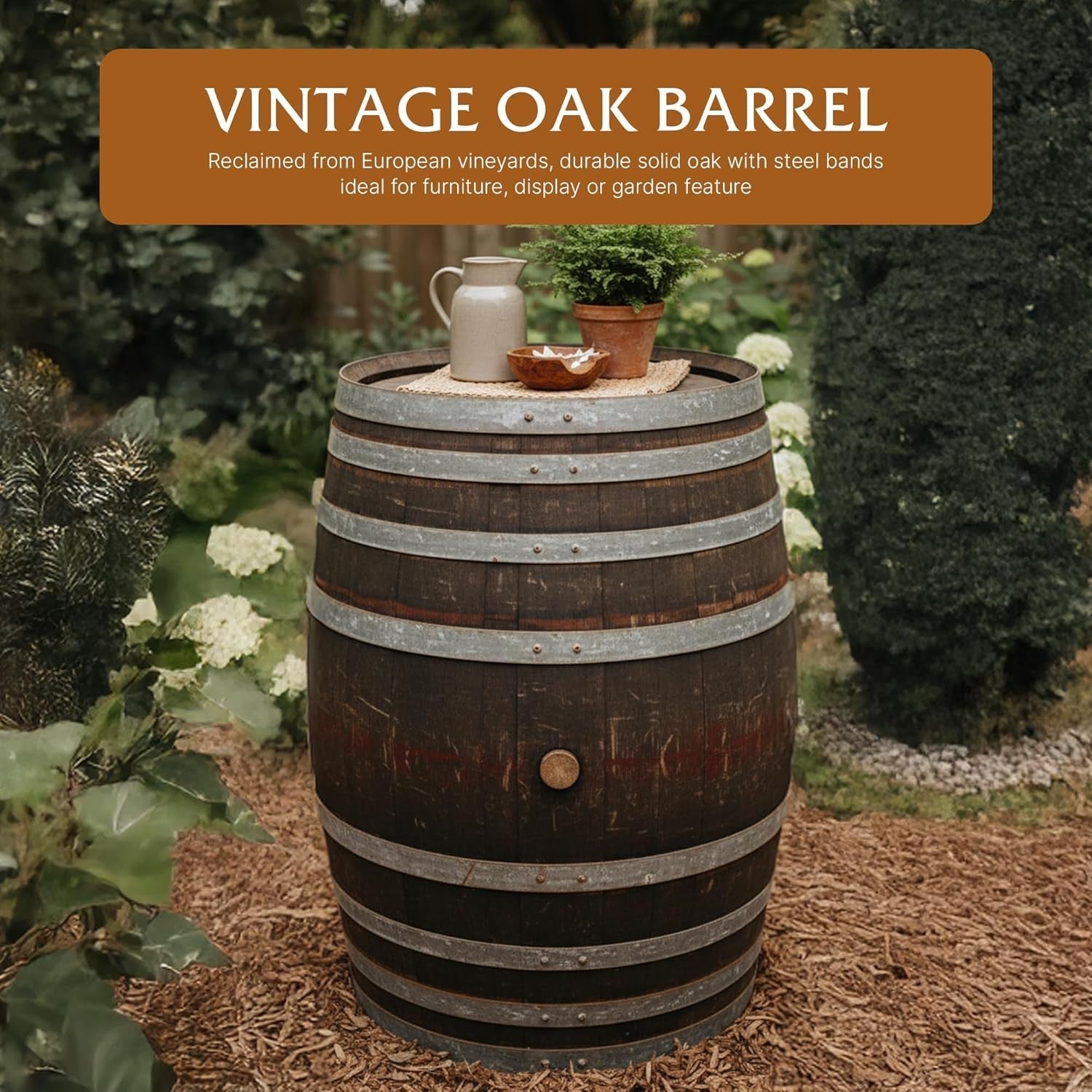 Oak Wine Barrel Rainwater Collector, Rustic Garden Feature, Round, 55 Gal