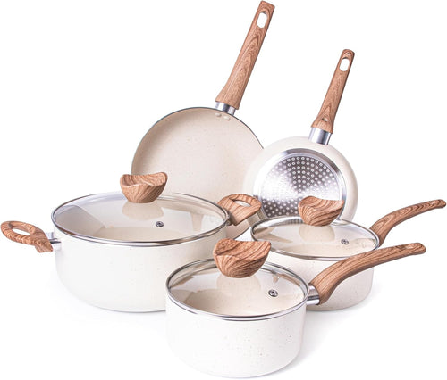 8pcs Cream Granite Non Stick Cookware Set with Lids – Induction Safe Pots