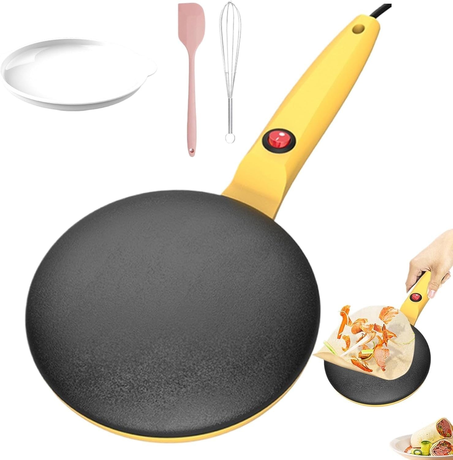 8" Electric Crepe Maker Non Stick Pancake Maker with Handle & Tray Yellow