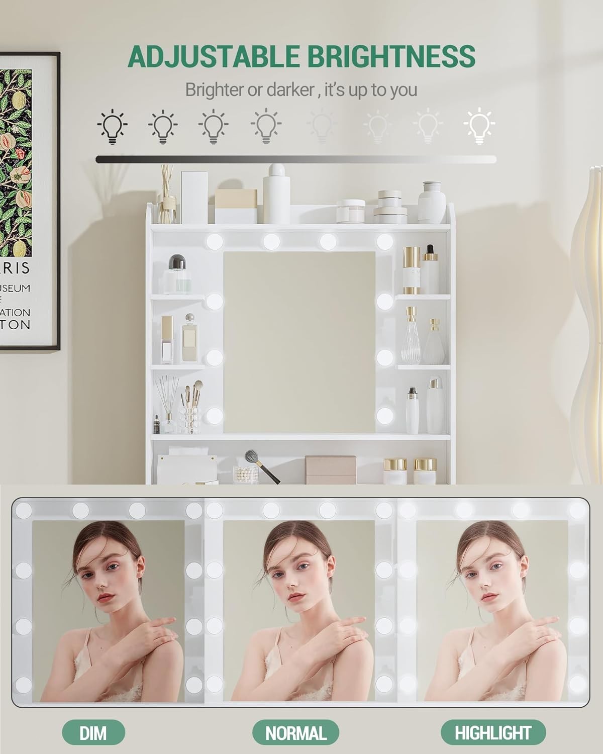 White Dressing Table Makeup Vanity Desk LED Lights Mirror Storage Drawers
