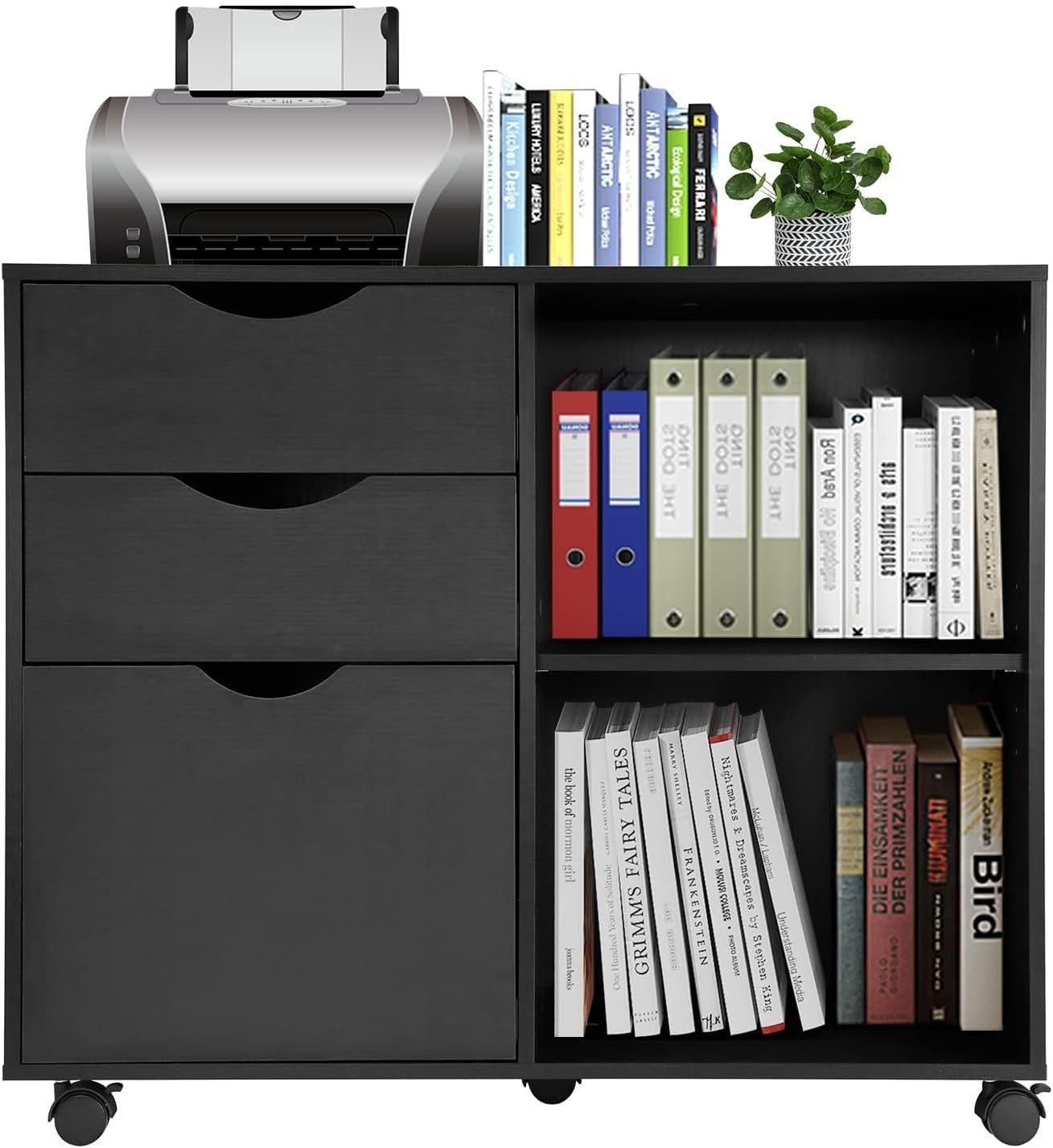 Black Rolling Lateral File Cabinet 3 Drawer Open Shelf Printer Stand