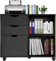 Black Rolling Lateral File Cabinet 3 Drawer Open Shelf Printer Stand