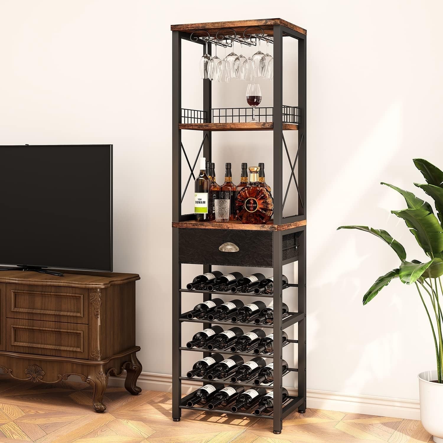 Freestanding Wine Bar Cabinet with Glass Rack & 20 Bottle Storage Shelf Vintage