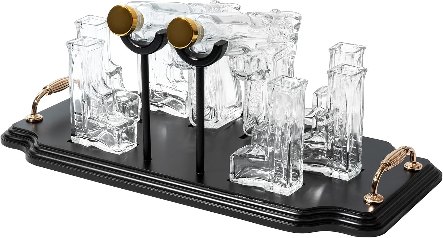 Whiskey Decanter Set with Bullet Glasses Stand | Unique Pistol Themed Gift for M