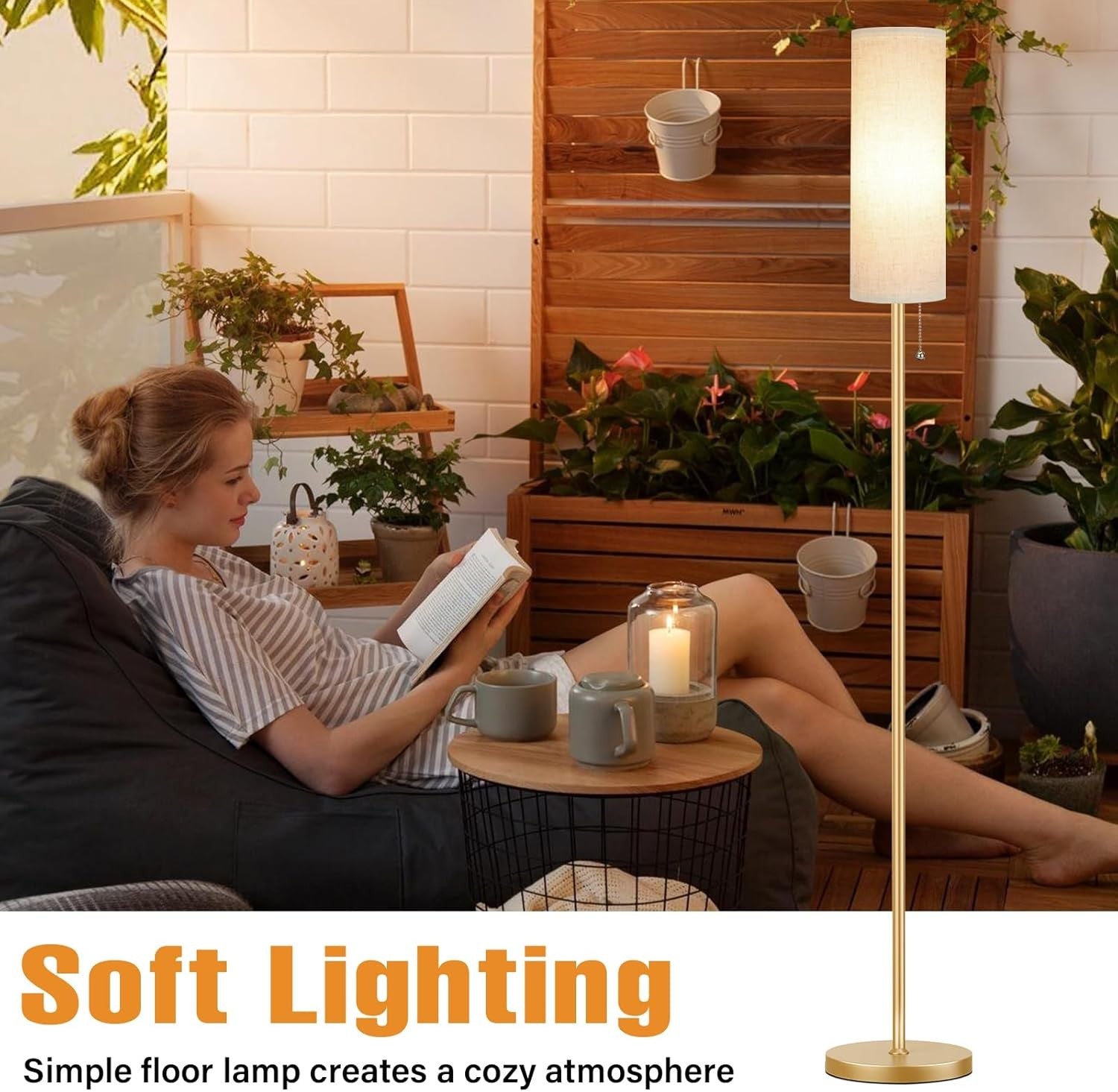 Beige Floor Lamp 64in Standing Lamp Bedroom Living Room E27 Bulb Included