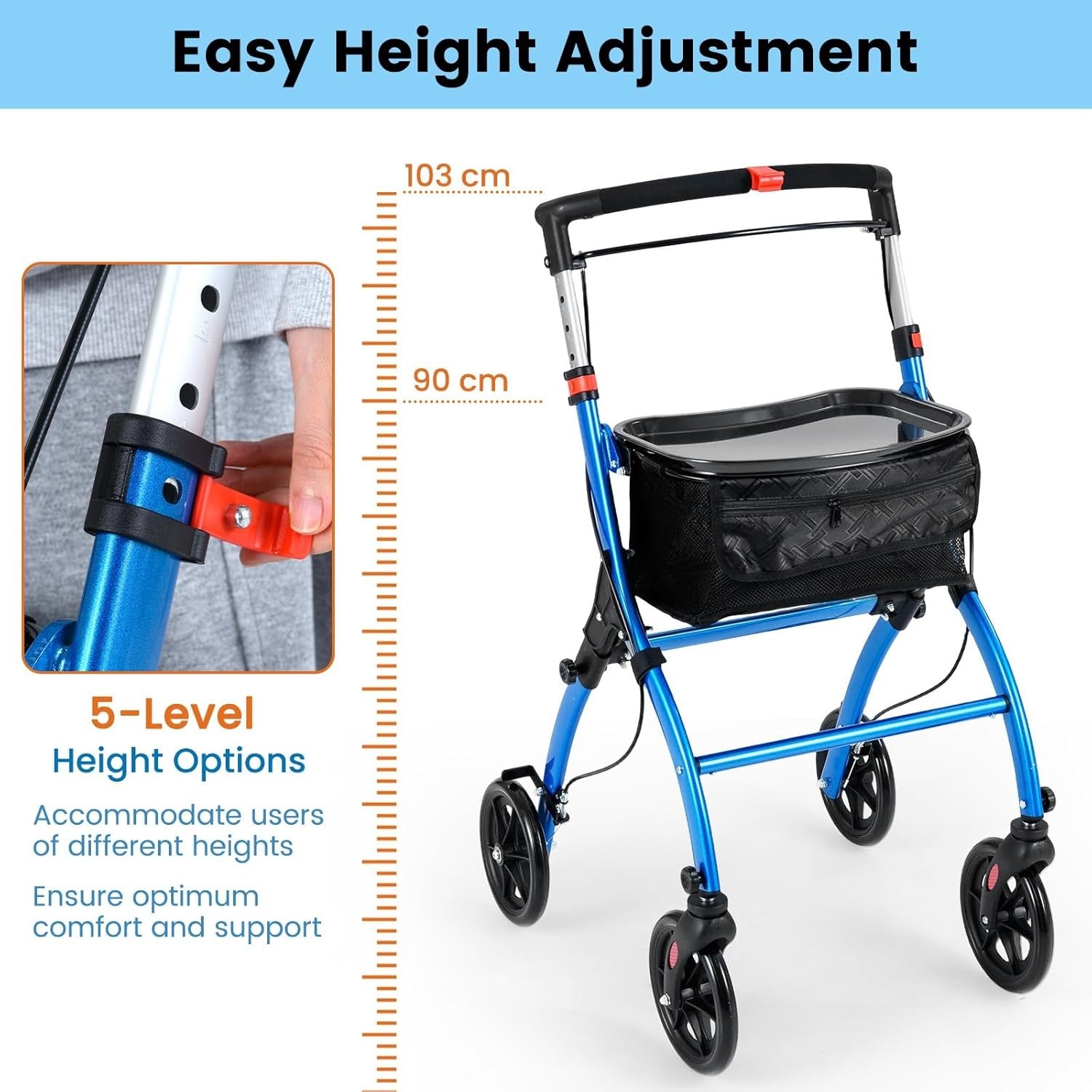 Lightweight Folding Rollator Walker 4 Wheel Basket Brakes Narrow Blue