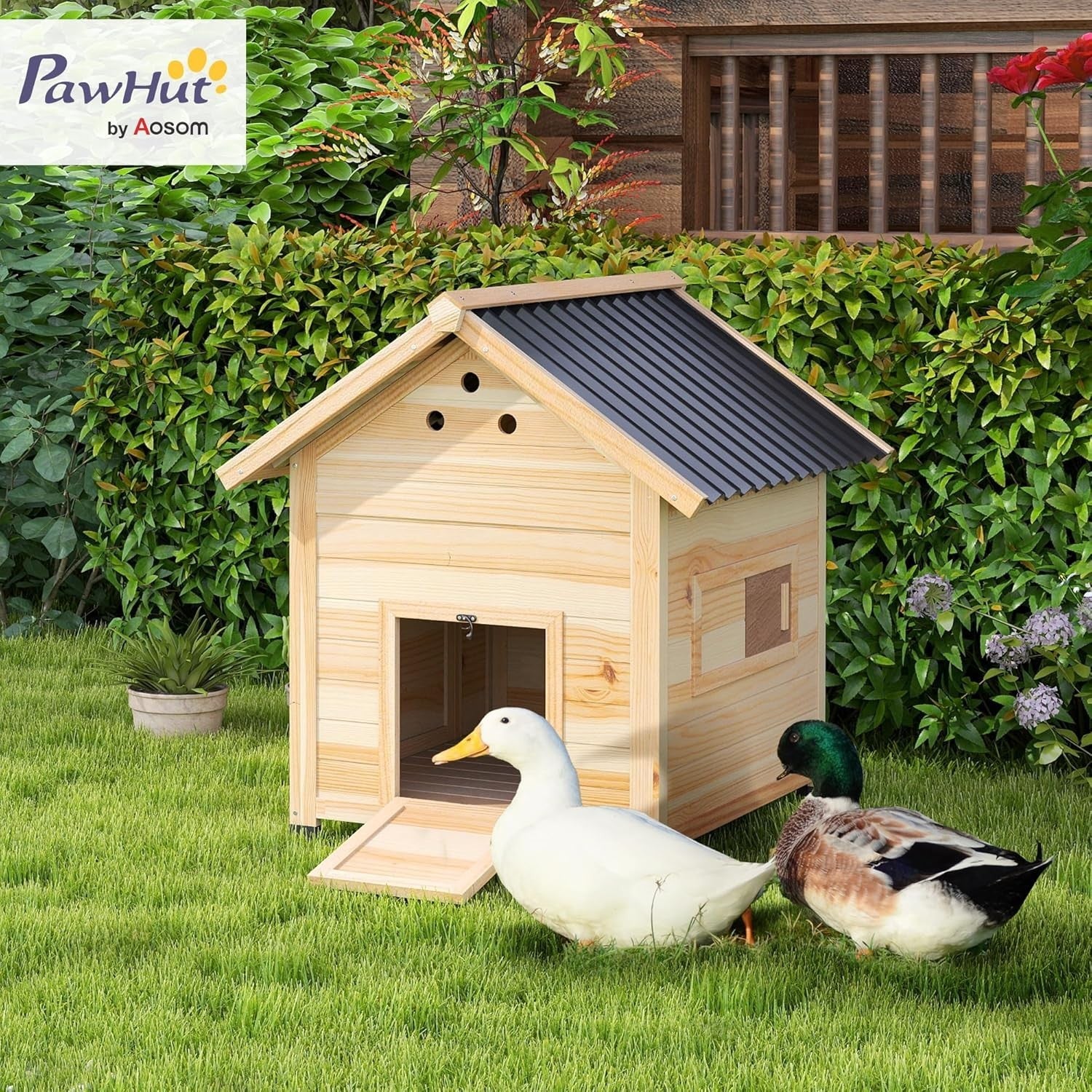 Wooden Duck House Outdoor Poultry Coop 78x90x92cm Roof