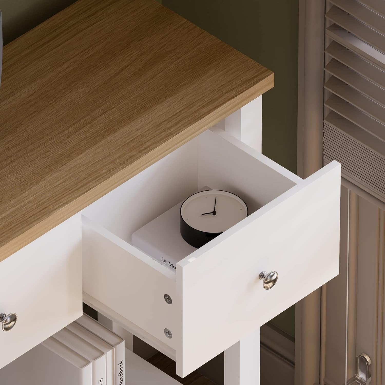 Modern White Console Table with 3 Drawers & Oak Top - Hallway Storage Shelf