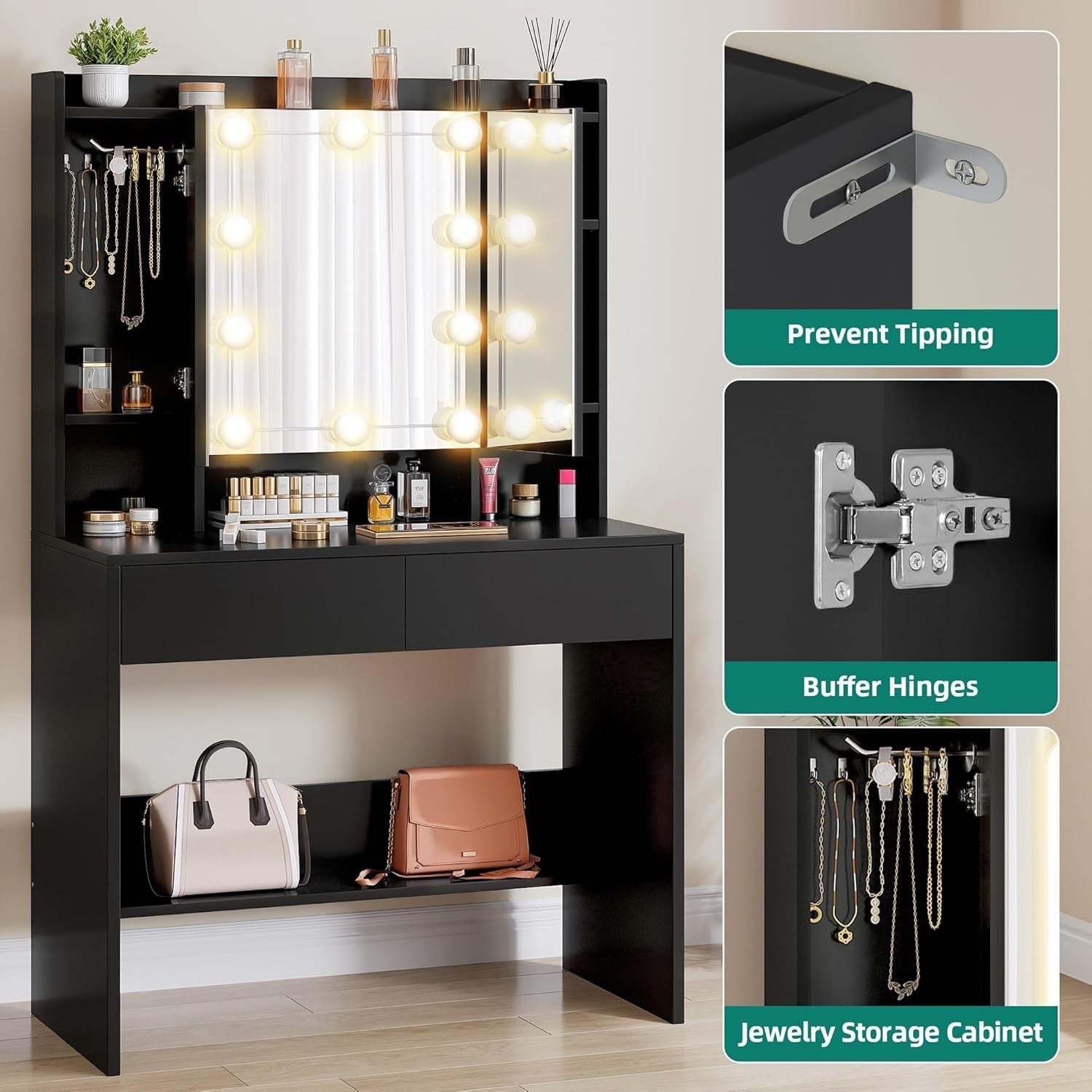Black Dressing Table Vanity Set with 3 Mirrors, 9 LED Lights, 2 Drawers Storage