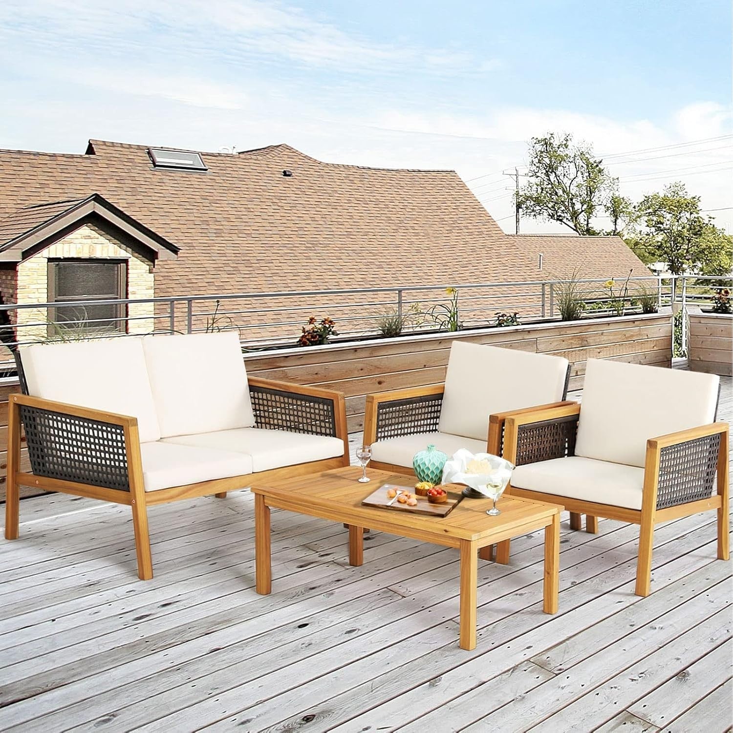 4PC Outdoor Rattan Sofa Set Wooden Patio Lounge Chairs Table Cushioned