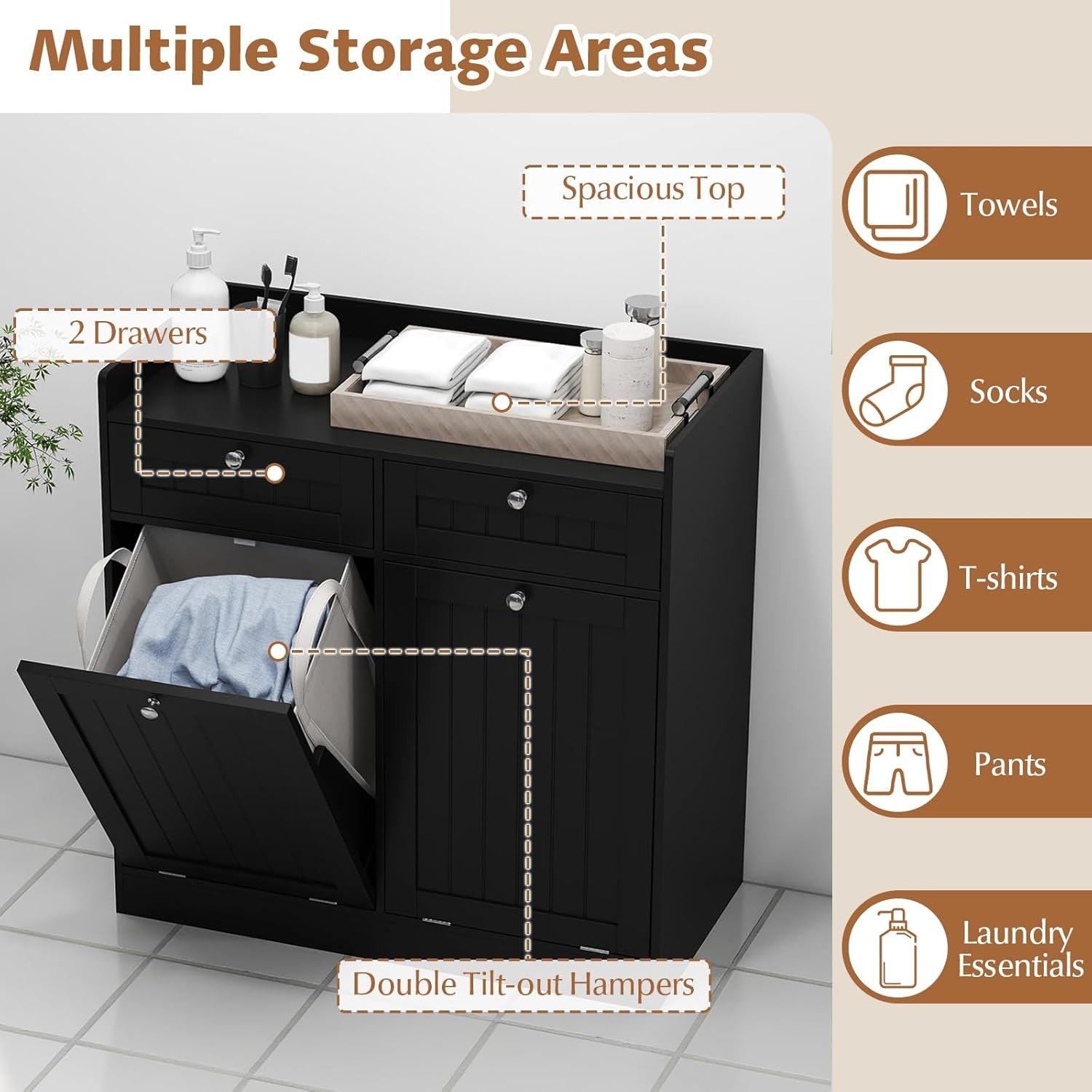 Black Tilt-Out Laundry Cabinet 2 Drawers 2 Hampers Modern Bathroom Storage Unit