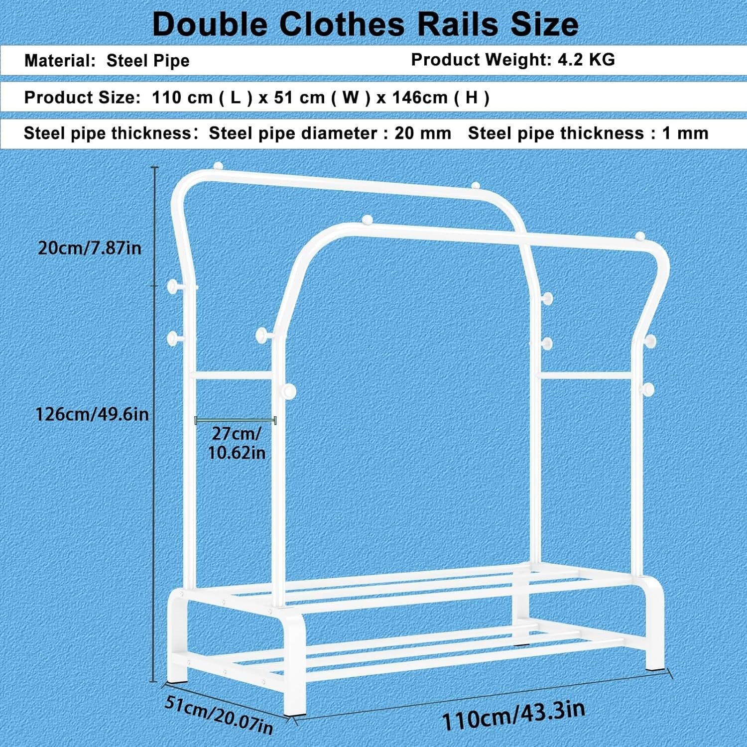 Heavy Duty Double Clothes Rail with Shelf & Hooks – White