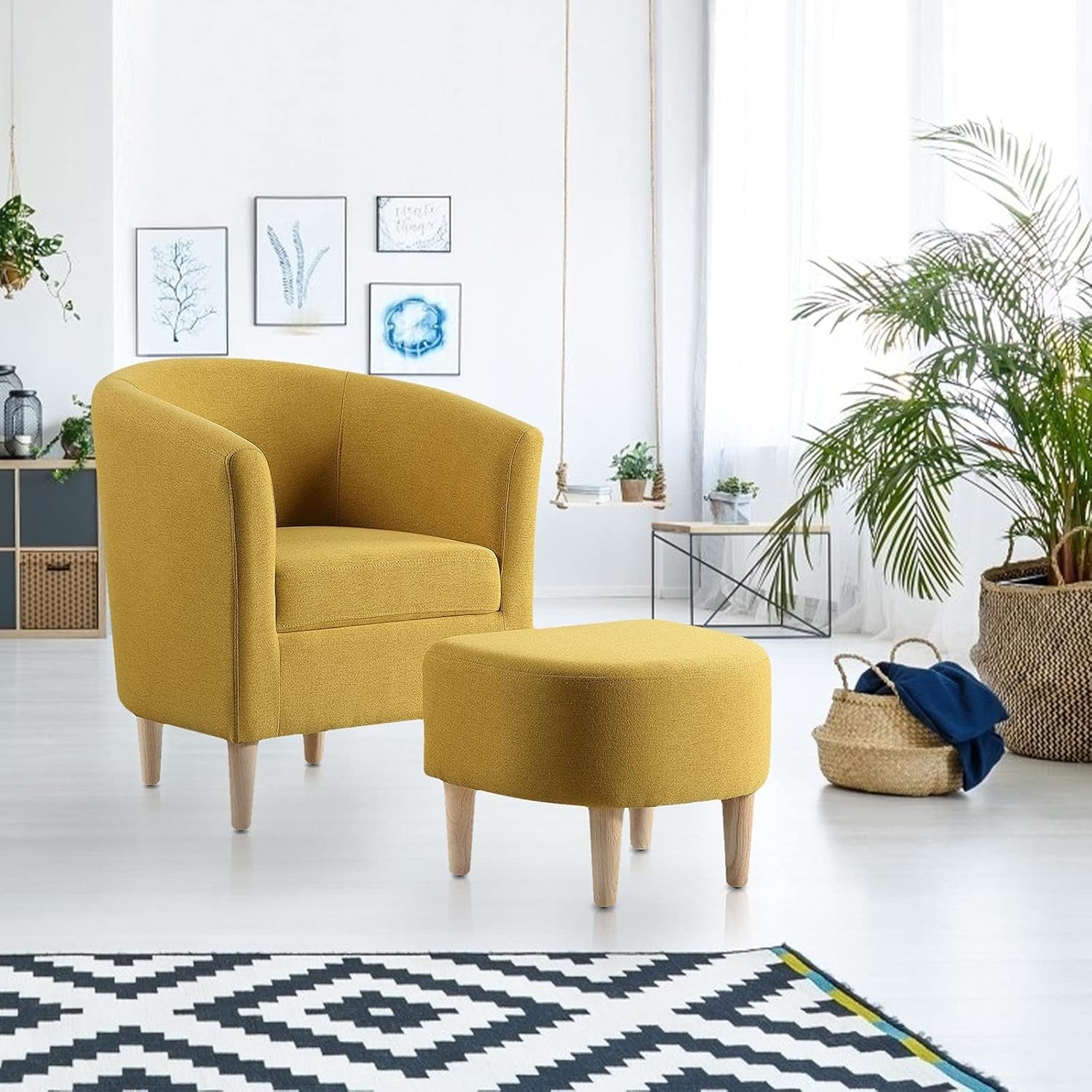 Yellow Tub Chair & Footstool Set Linen Accent Armchair Lounge Seat