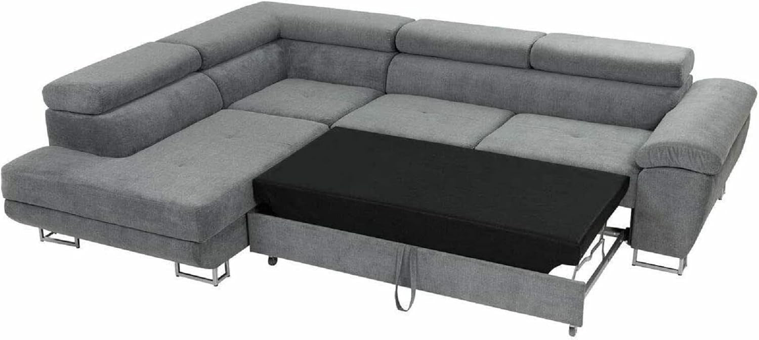 Modern L-Shape Corner Sofa Bed with Storage, Folding Double Bed Grey Chenille
