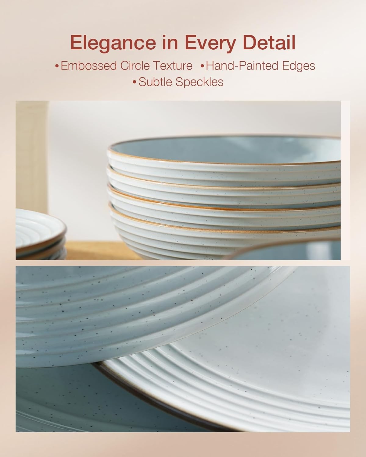 18pc Stoneware Dinner Set Light Blue Gold Rim Plates Bowls Dishwasher Safe