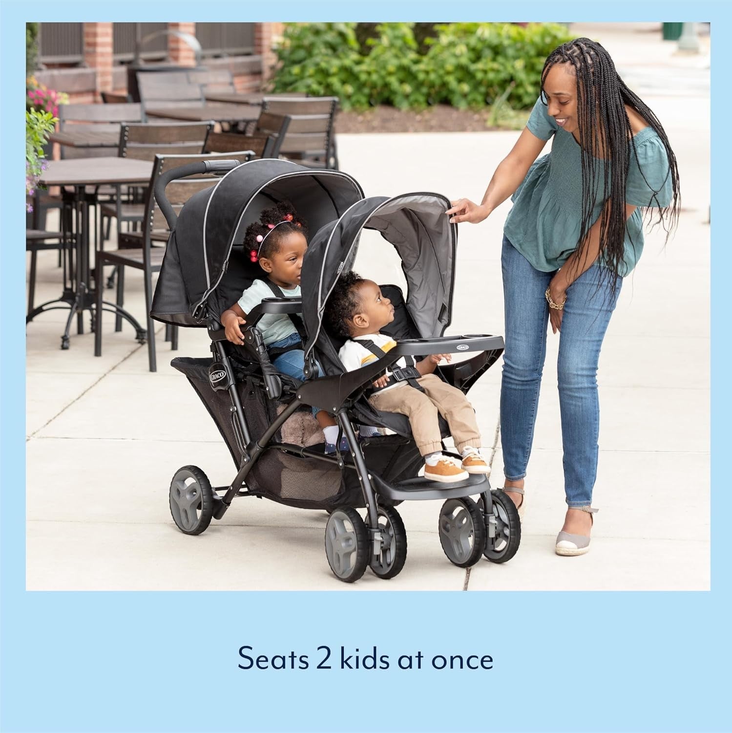 Tandem Double Pushchair from Birth, One-Hand Fold, Recline Seats, Black