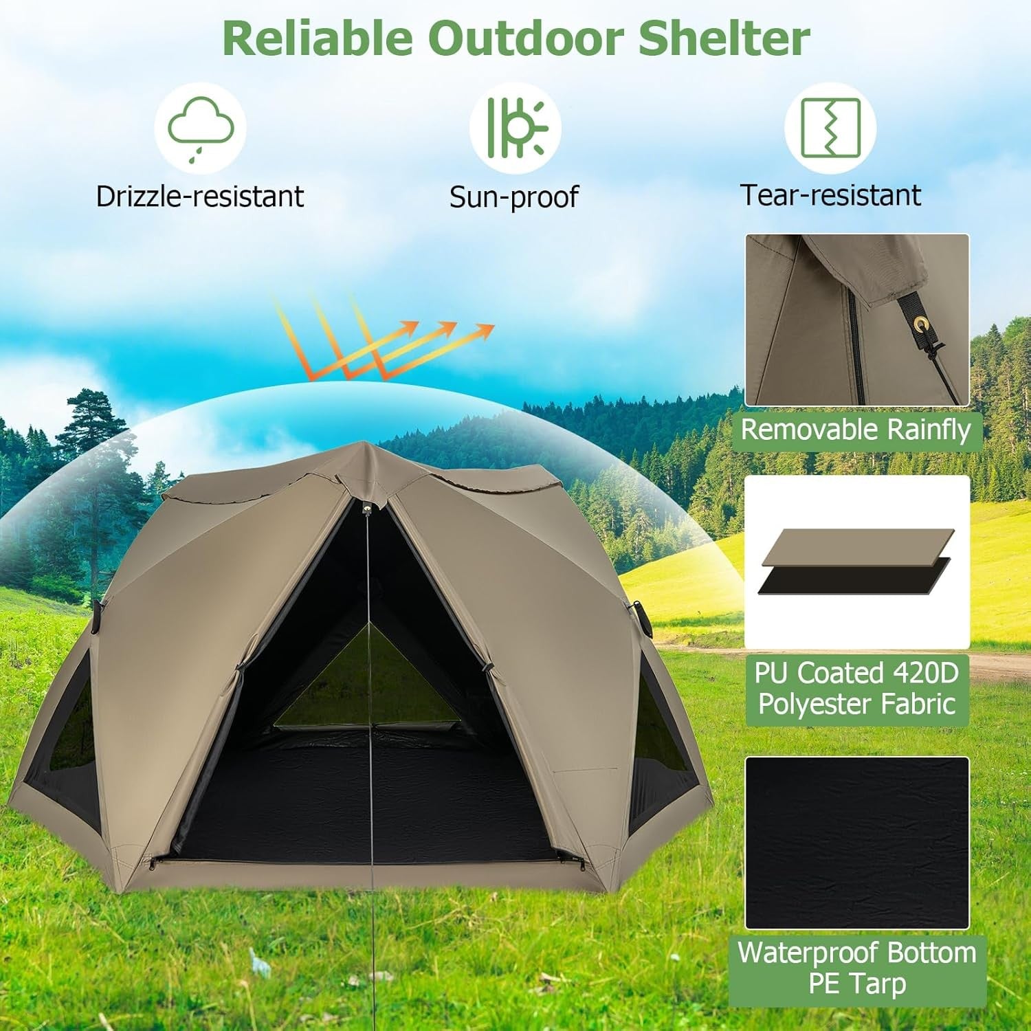 4-6 Person Instant Pop Up Camping Tent 6 Sided w/ Rainfly