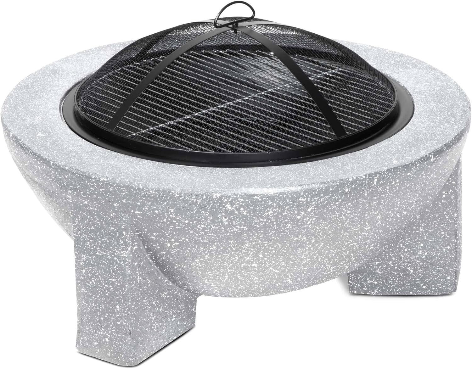 Large Outdoor Fire Pit BBQ Grill 75cm Round Concrete Finish w/ Mesh Cover