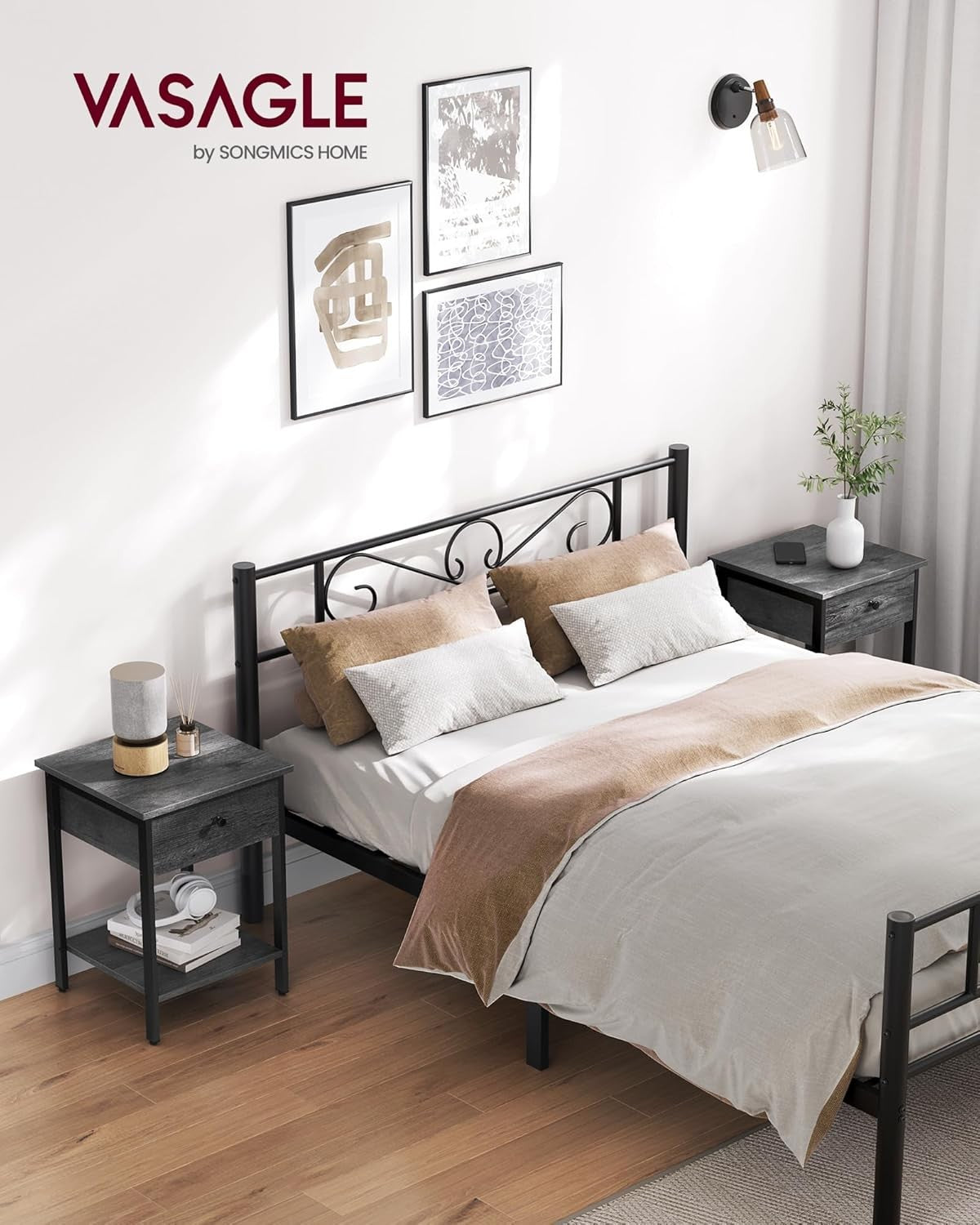 Set of 2 Grey Bedside Tables with Drawer & Shelf, Modern Storage Nightstands