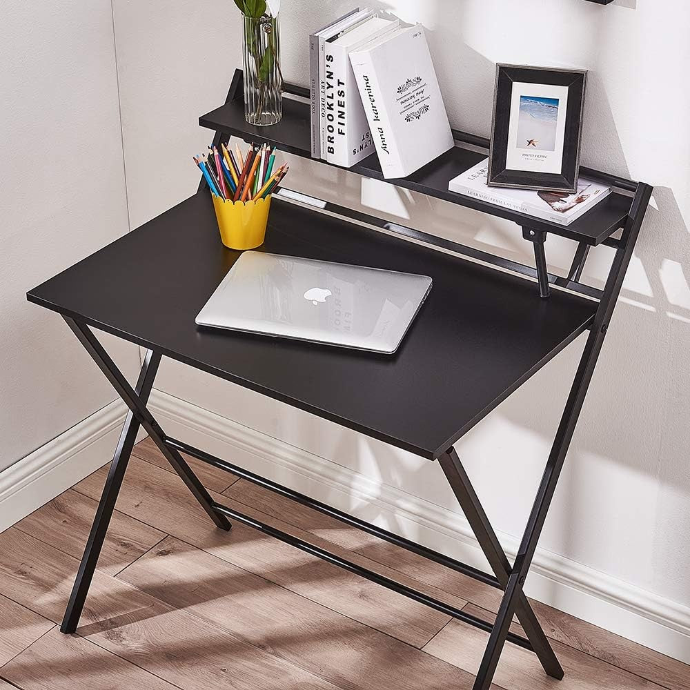 Folding Computer Desk Small Space Laptop Study Table with Shelf Black