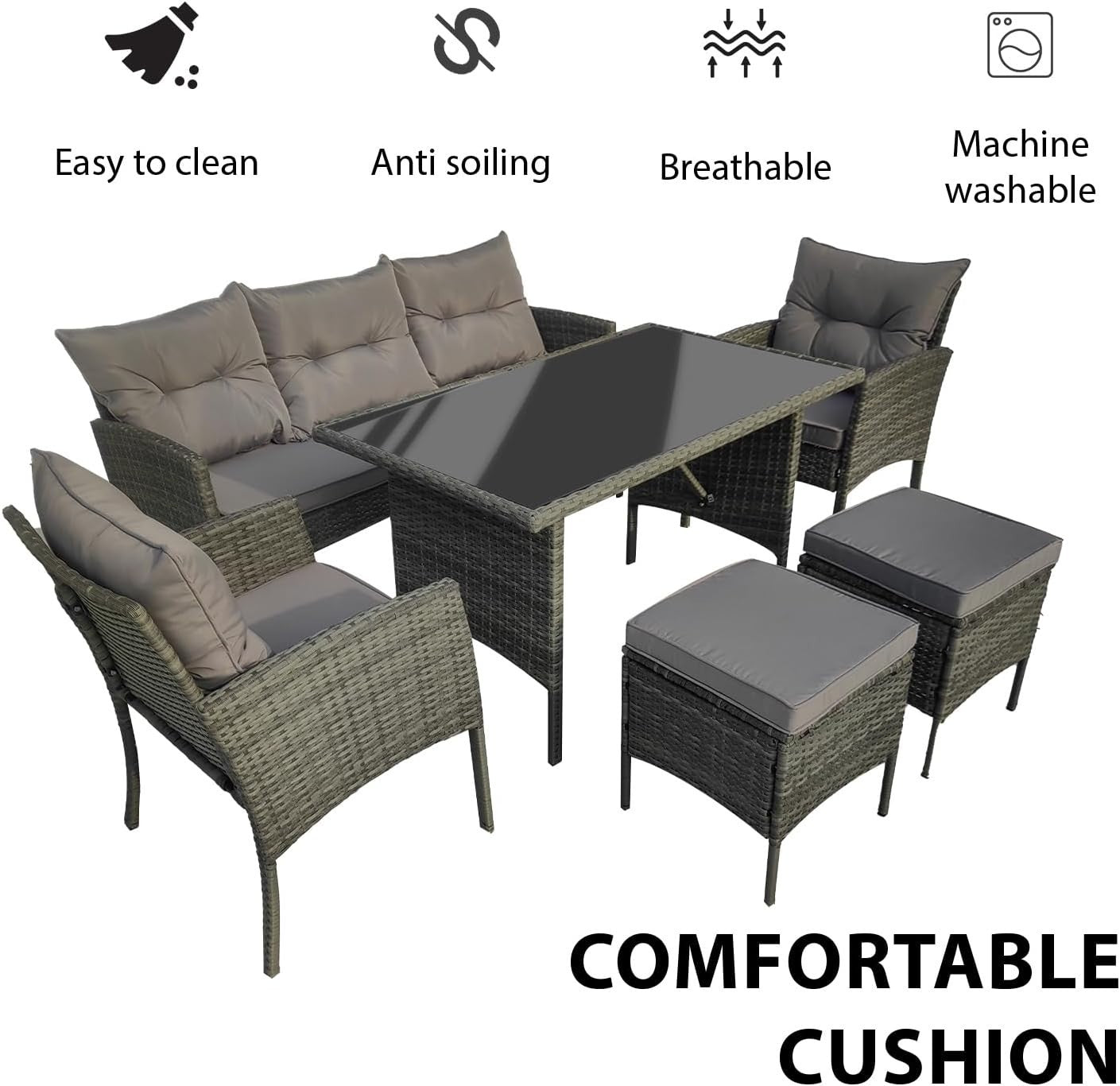 6 Seater Rattan Garden Furniture Set with Cushions Grey Outdoor Sofa Table