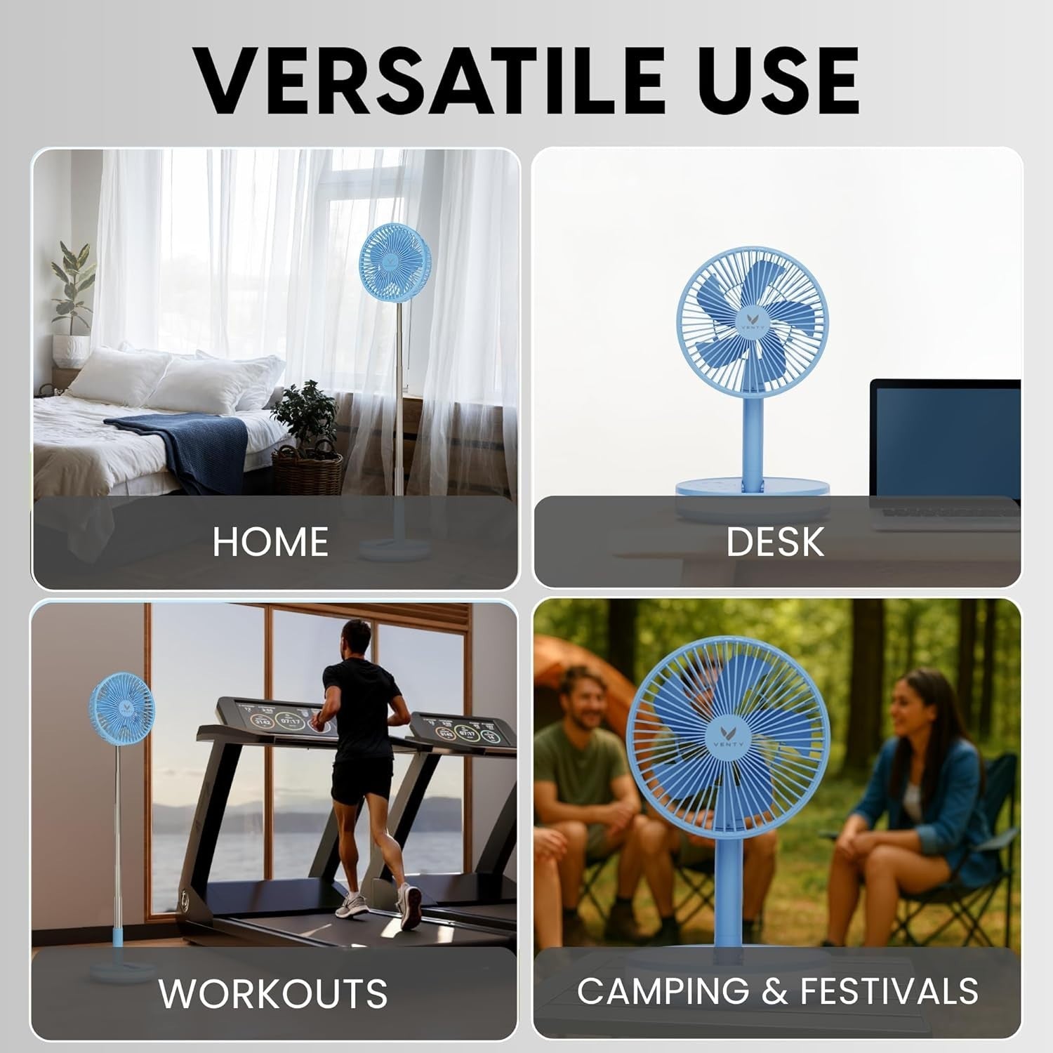 Portable Foldable Fan 4-Speed w Remote LED Light USB-C Rechargeable Blue w/ Case