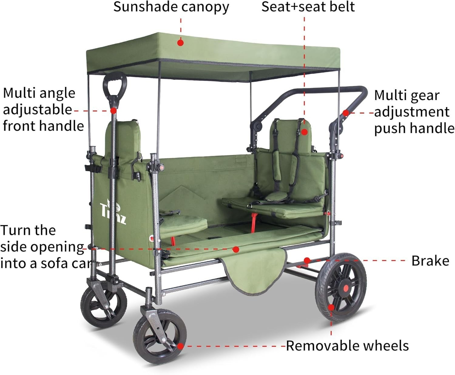 Side-Opening Folding Wagon 120kg Load w/ 2 Seats Canopy Big Wheels Brake Green