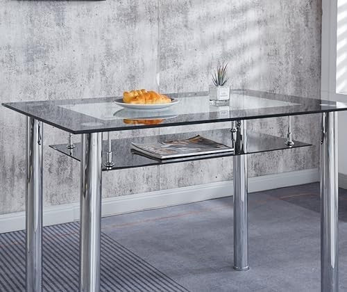 Glass Dining Table 105x70cm Modern Rectangular Grey with Lower Shelf